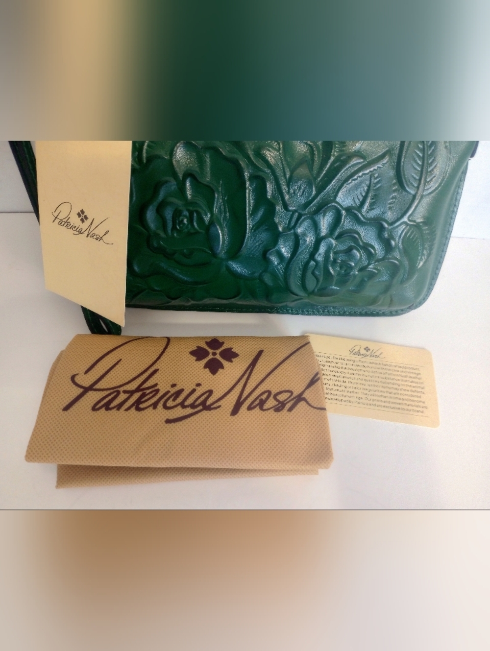 NWT Patricia Nash Rose Tooled Leather Laurina Crossbody Bag, Soft Green - Picture 11 of 12